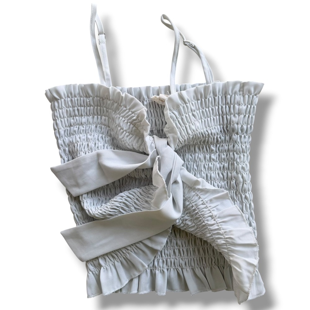 BIB! Womens M White Light Blue Smocked Tie Front Camisole Top Ruffle Trim BT2899